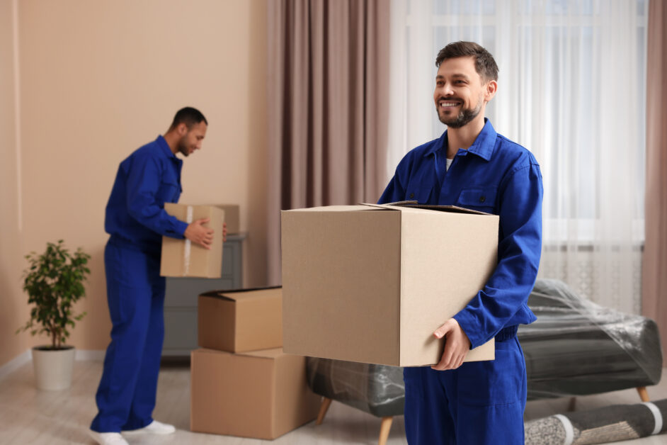 Two professional movers in blue uniforms carrying cardboard boxes in a neatly arranged living room during a residential moving process. Ideal for those searching for 'Moving companies near me' to assist with relocations.