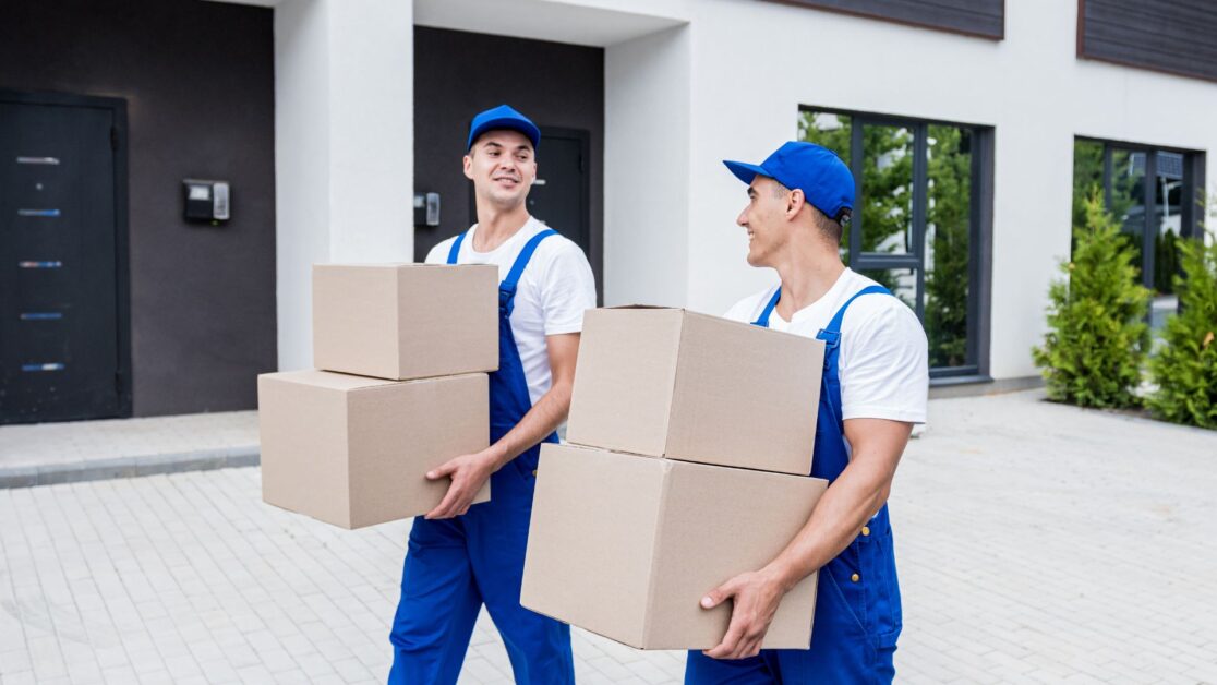 Two movers in Newark NJ dressed in blue uniforms and hats are carrying cardboard boxes and smiling at each other outside a modern building with large windows and a paved driveway